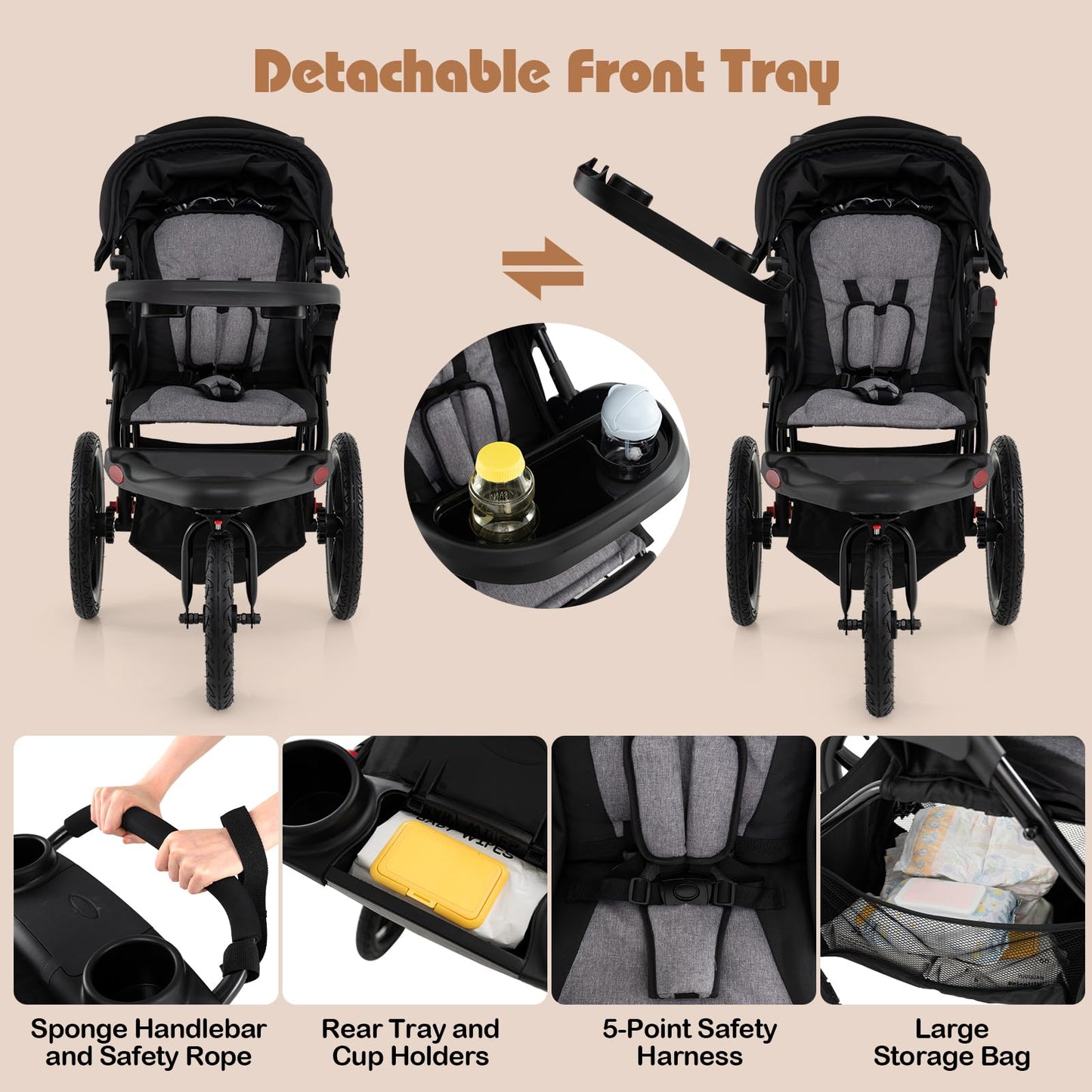 Foldable Jogging Stroller with Adjustable Canopy Reclining Seat