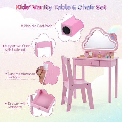 Kids Vanity Table and Chair Set, Children Dressing Table