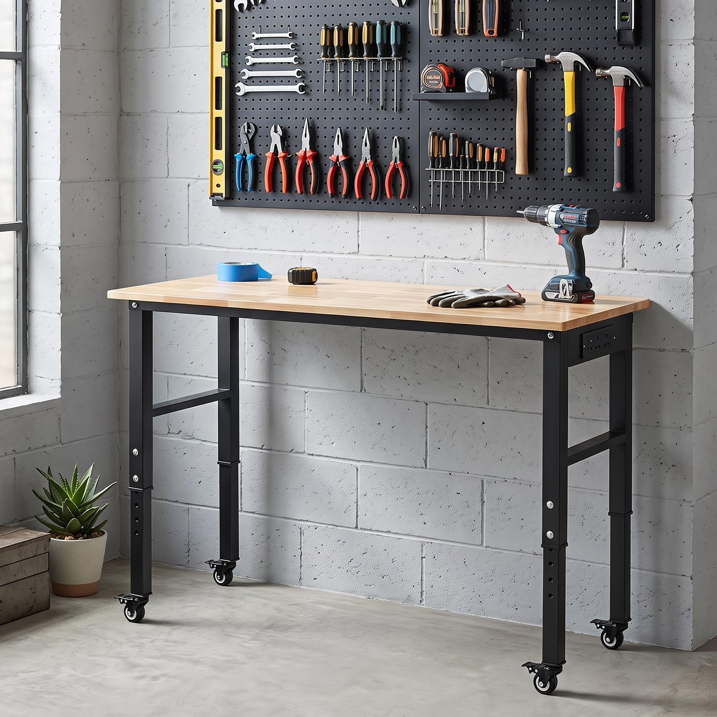 46 Inch Adjustable Workbench with Wheels and Power Outlet Oak Top for Garage