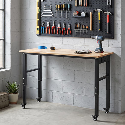 46 Inch Adjustable Workbench with Wheels and Power Outlet Oak Top for Garage