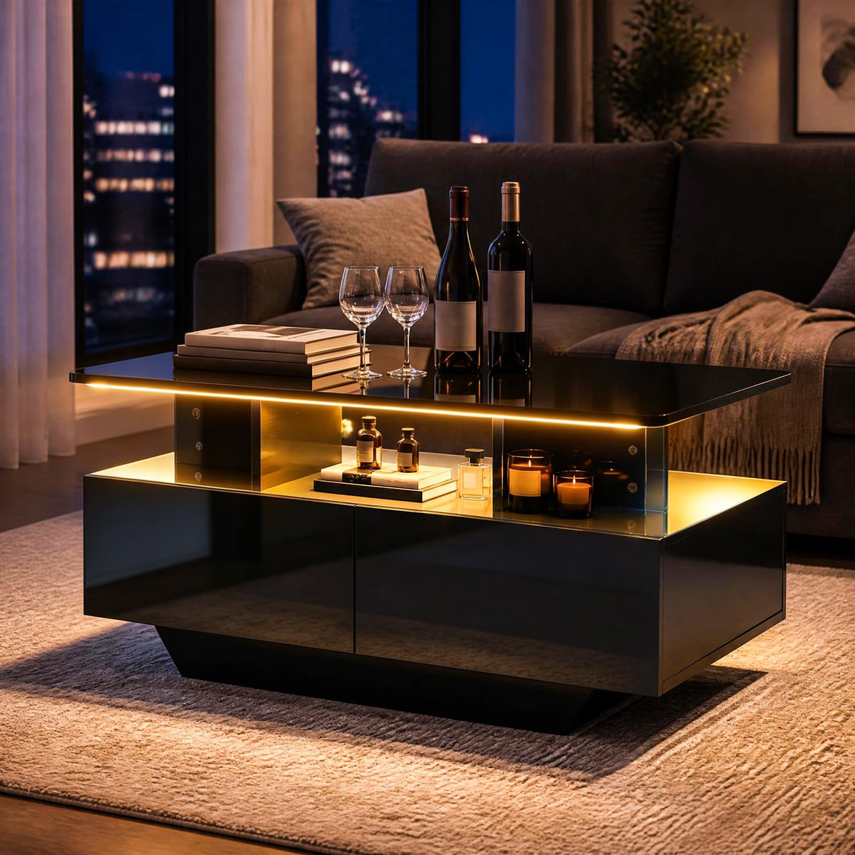 90 CM High LED Coffee Table with 2 Storage Drawers and 20-Color LED Lights