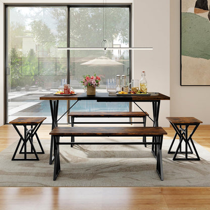 Dining Table and Stool Set with Bench for 4-6, 138cm Industrial Kitchen Table