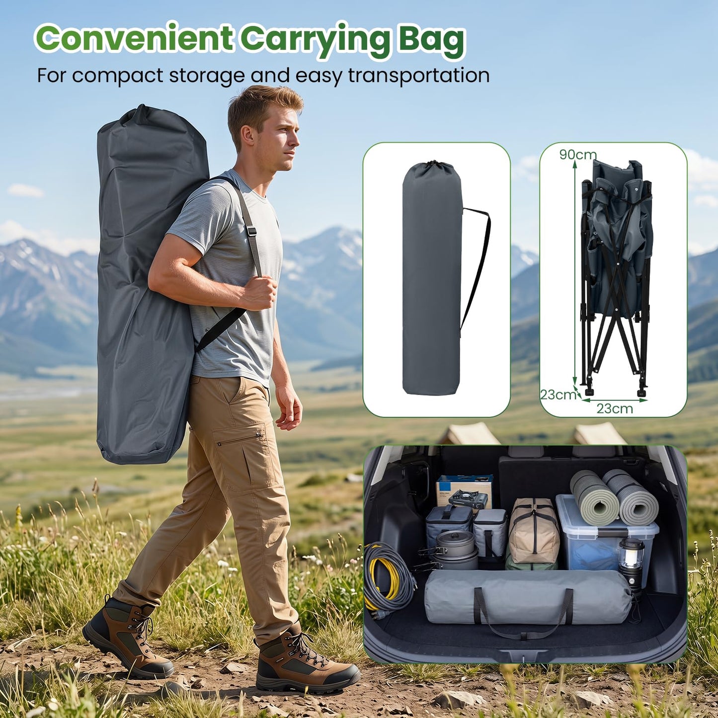 Adjustable Backrest, Storage Bag, Padded Pillow & Side Pocket