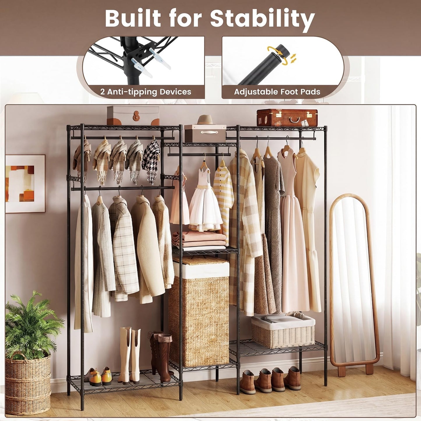 Portable Wardrobe Convertible Clothes Organizer with L-shape and Horizontal Installation