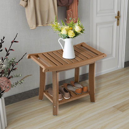 2-Tier Slatted Spa Bath Stool with Storage Shelf & Handles
