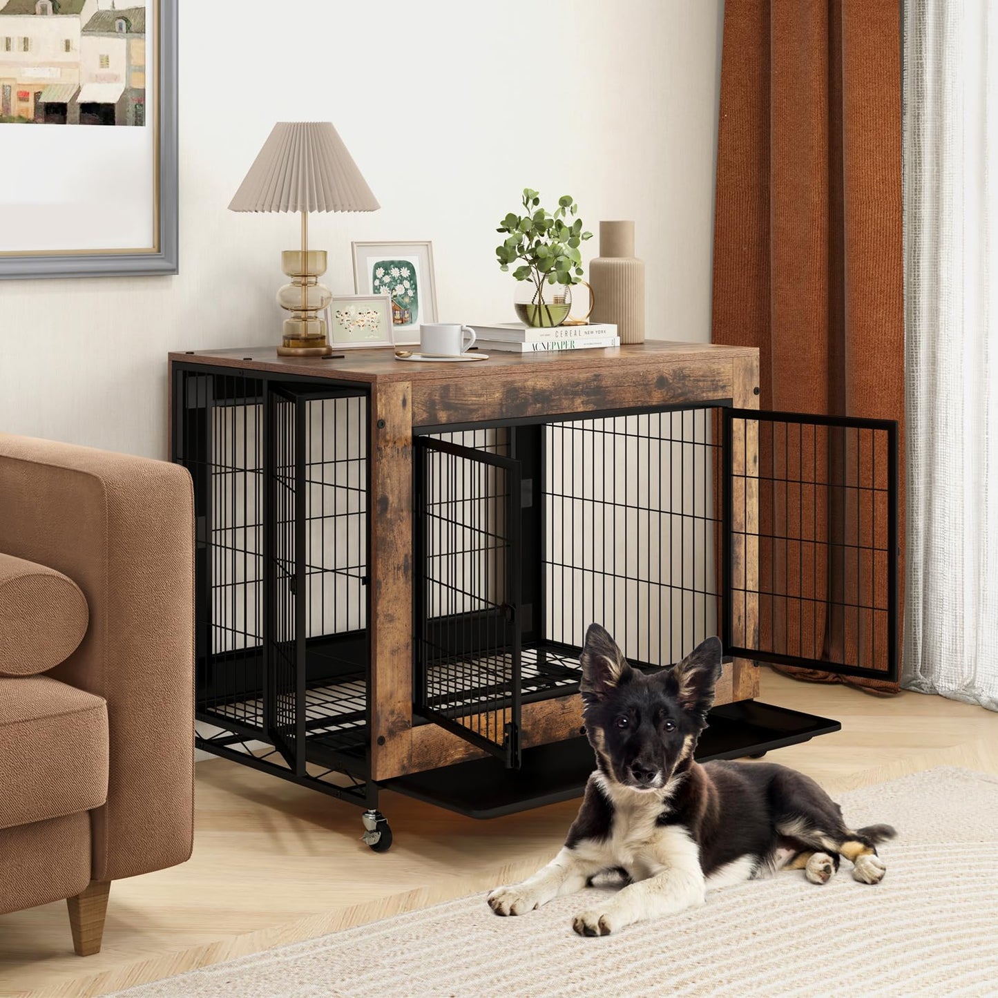 Wooden Dog Kennel Side Table with Flip-up Top