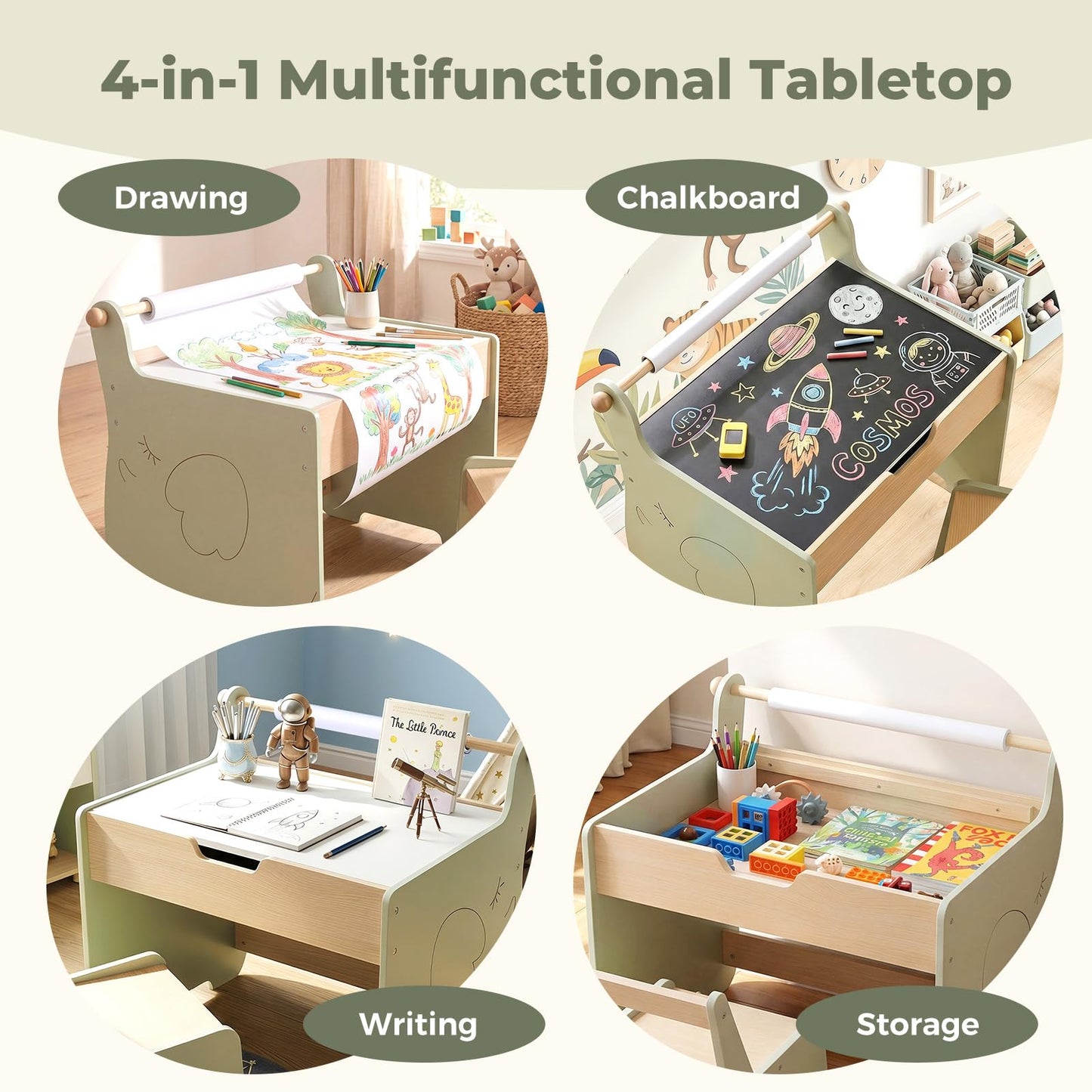 3 in 1 Kids Table and Chair Set, Toddler Art Table with Reversible Blackboard Tabletop