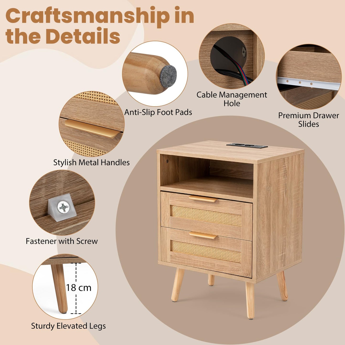 Rattan Bedside Table with Charging Station and LED Lights