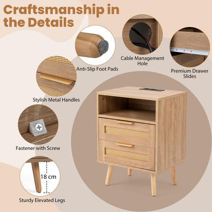 Rattan Bedside Table with Charging Station and LED Lights