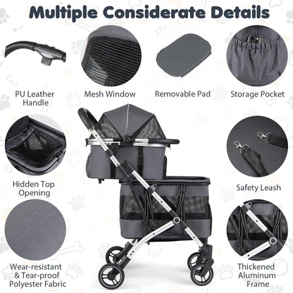 Double Pet Stroller with 2 Detachable Carriers 4-in-1 Foldable Dog Jogger Car Seat
