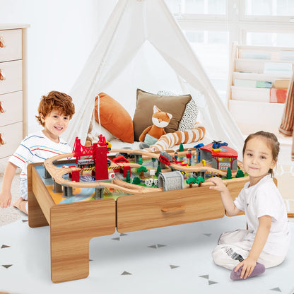 Wooden Train Track Set with Reversible Tabletop 100 Pieces Toy and Storage Drawer