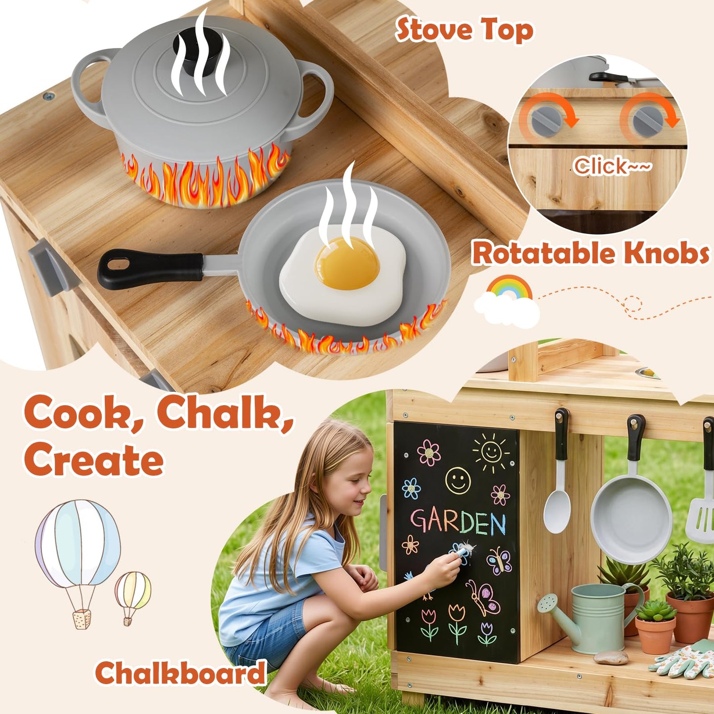 Kids Mud Kitchen with Stoves, Sink, Faucet, Cooking Accessories
