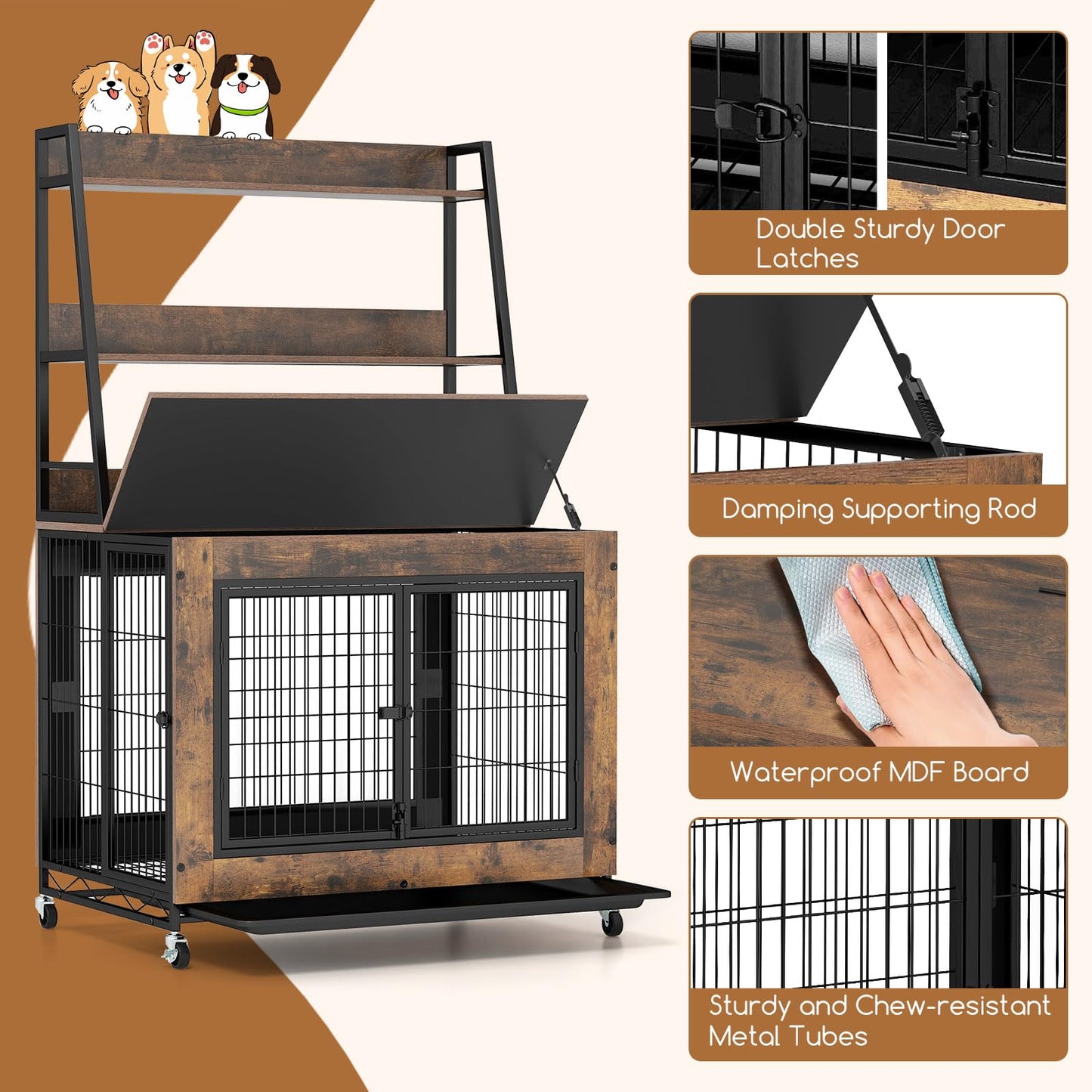 Wooden Dog Cage on Wheels with Storage Shelves