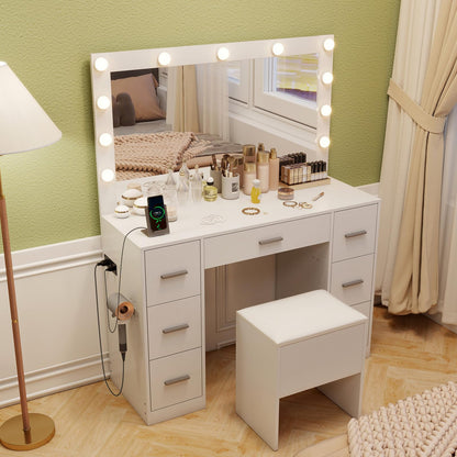 Dressing Table with 3-Color Large LED Mirror and Cushioned Storage Stool