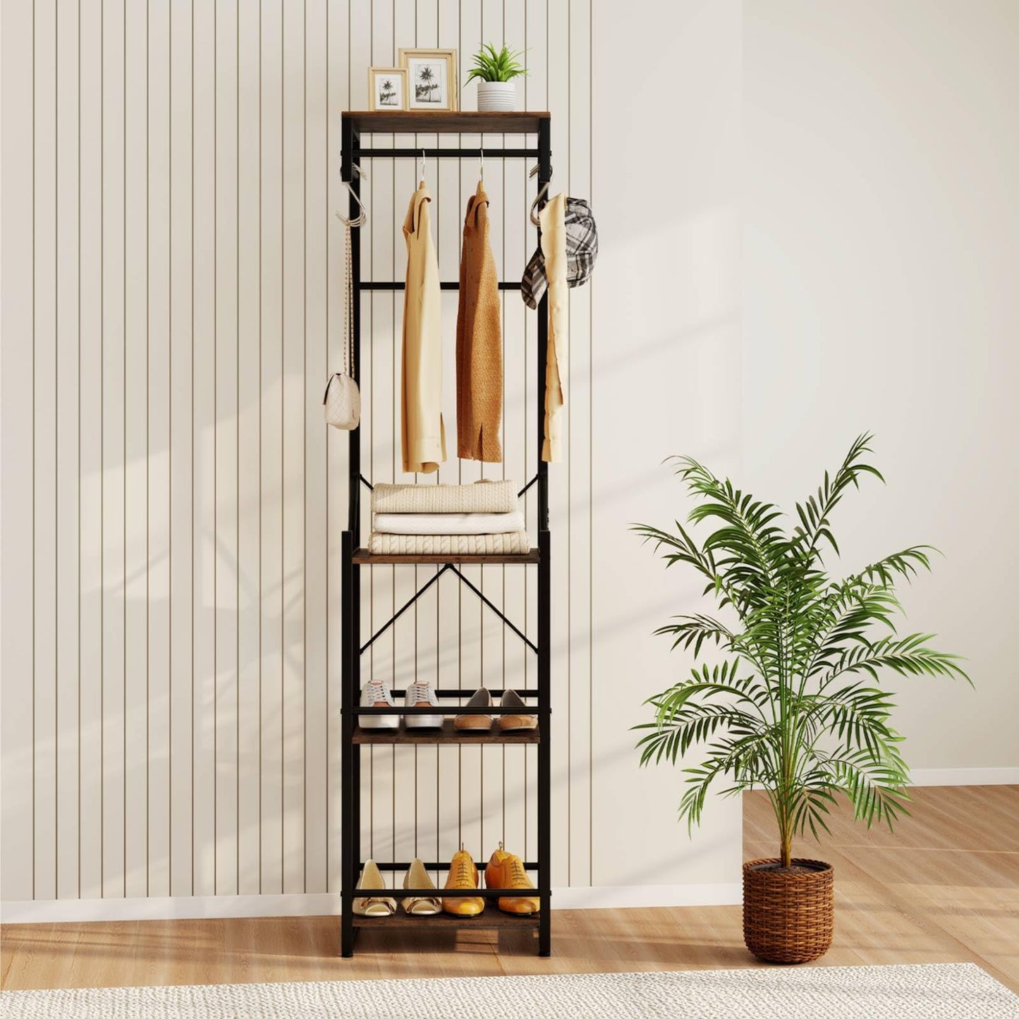Freestanding Coat Rack Slim Hall Tree with 4 Storage Shelves
