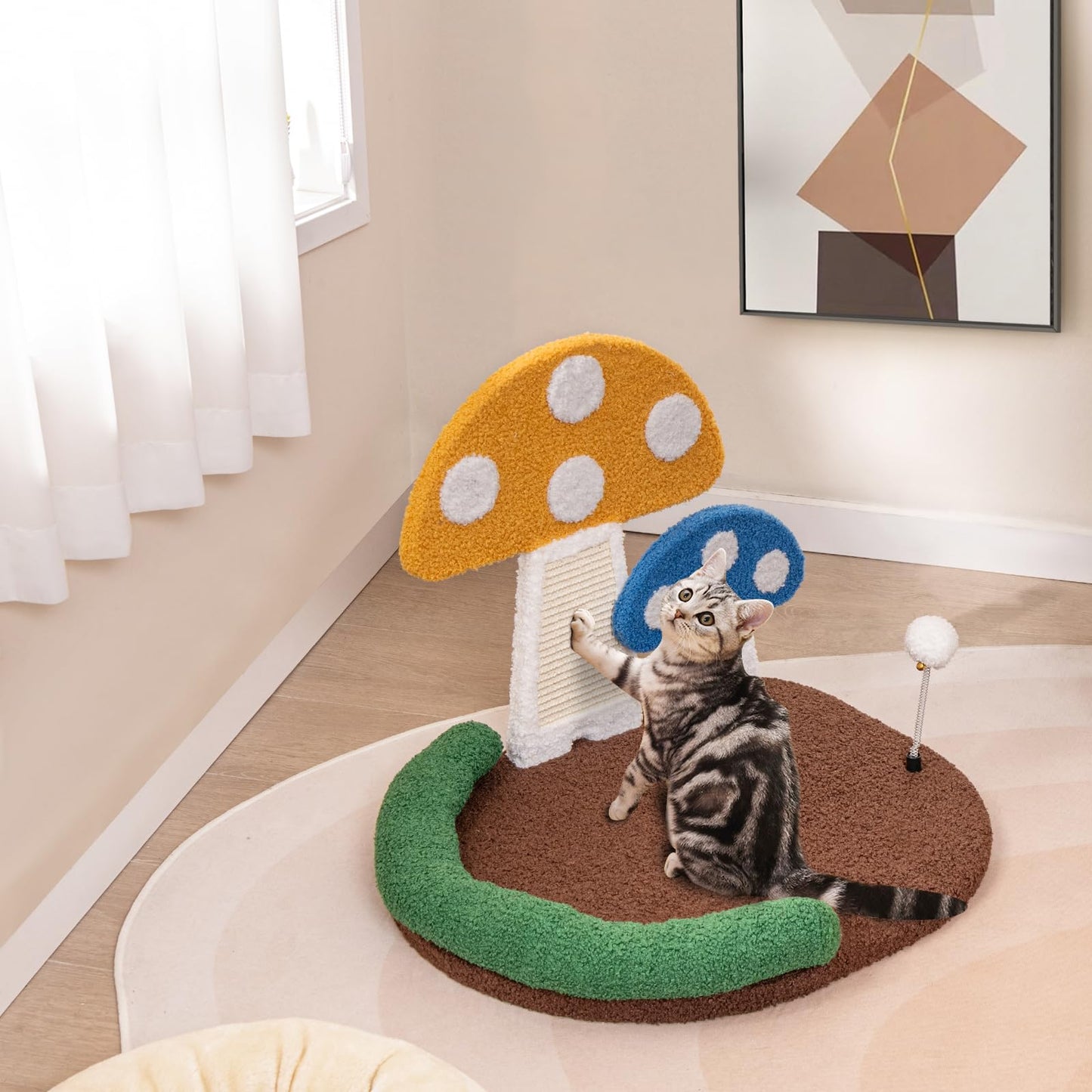 Mushroom Cat Bed with Wide Large Platform and Sisal Scratching Panel