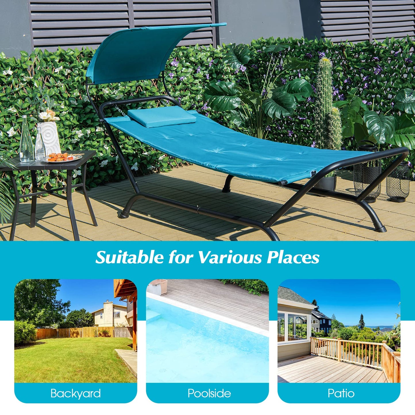 Outdoor Hammock with Stand Cushion and Canopy for Garden Lawn