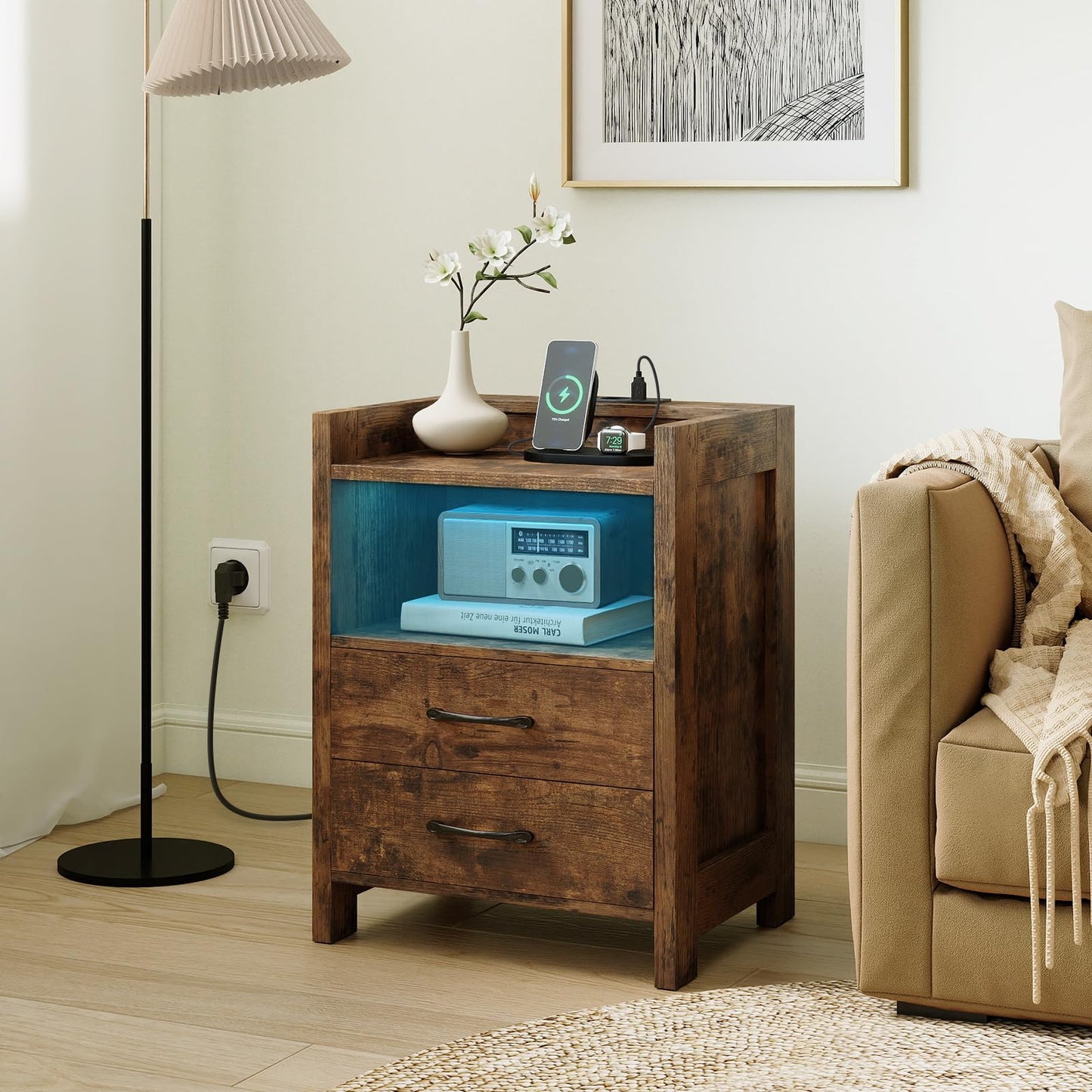 Nightstand with LED Lights and Power Outlets for Living Room