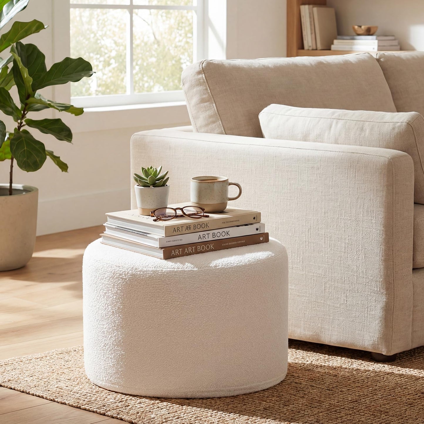 45 cm x 35 cm Round Pouf Ottoman with Loop Yarn Fabric and Machine-washable Cover