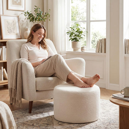 45 cm x 35 cm Round Pouf Ottoman with Loop Yarn Fabric and Machine-washable Cover
