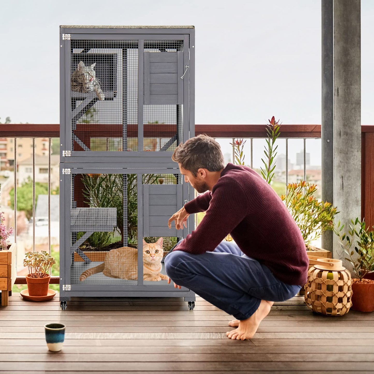 Wooden Weatherproof Roof Large Cats Enclosure with 4 Floors