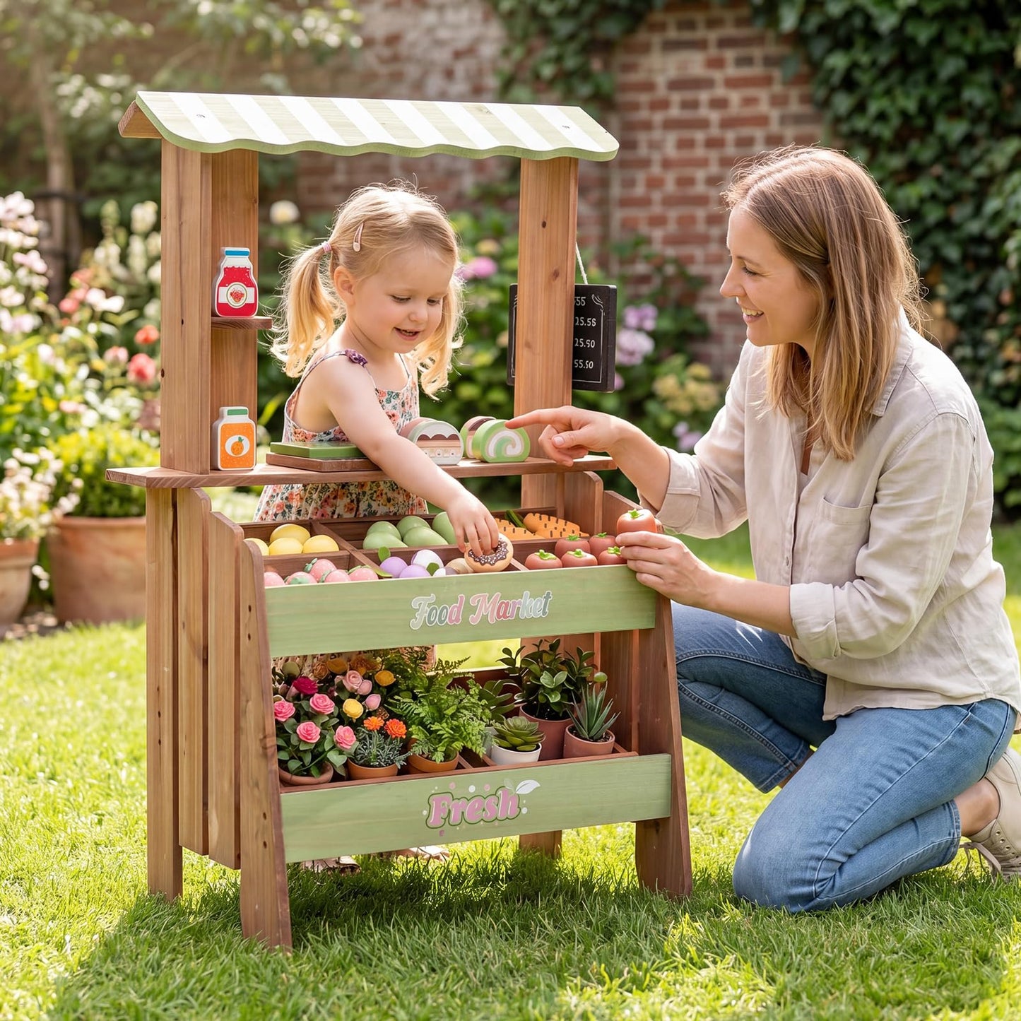 Wooden Kids Grocery Store Playset with Chalkboard | Indoor Outdoor Farm Market Stand