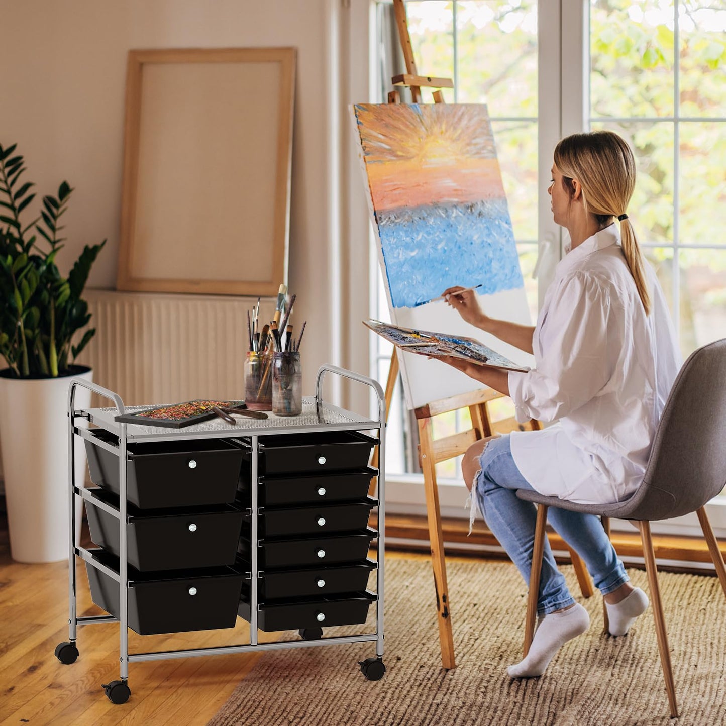 Metal Frame Utility Storage Organizer Cart with 4 Wheels