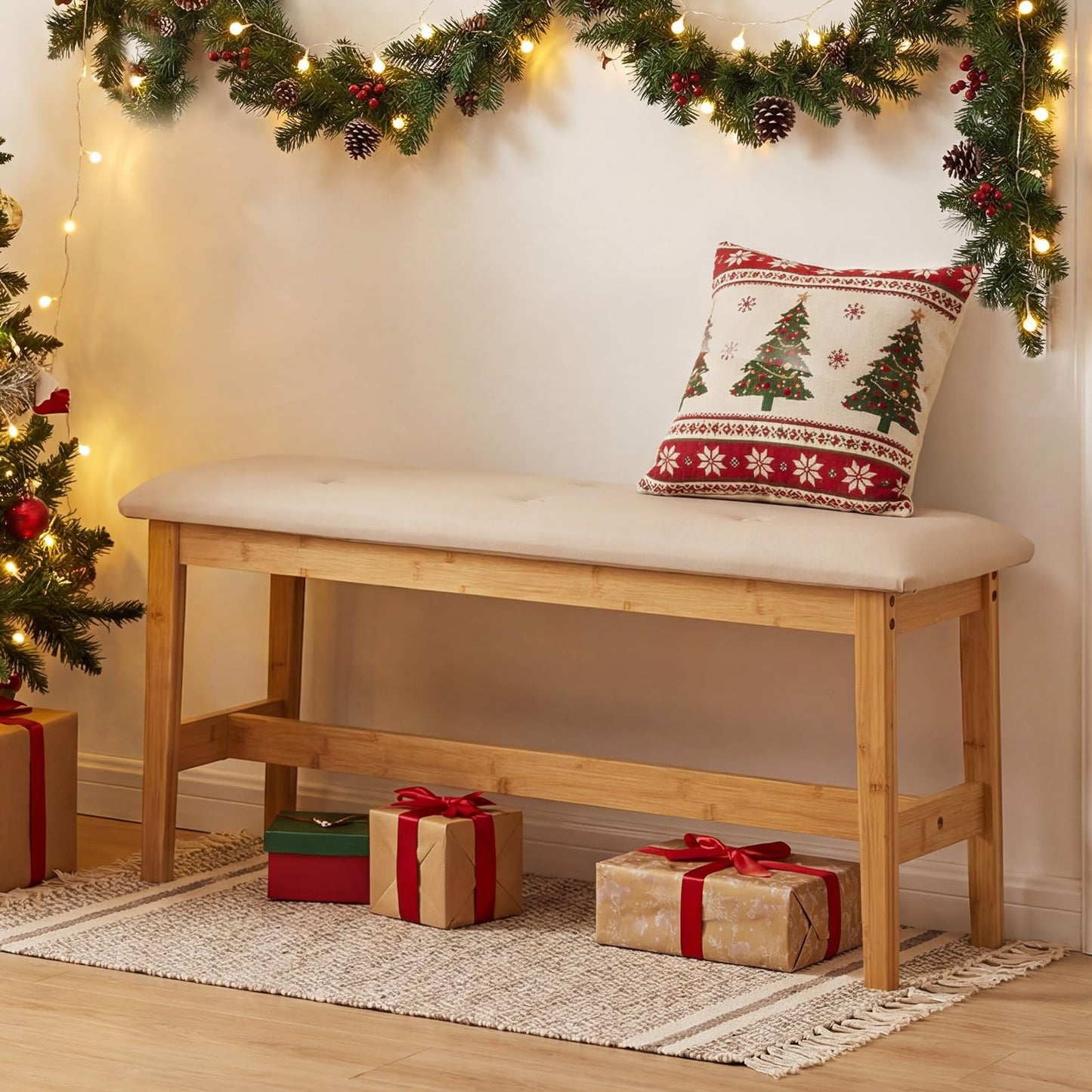 100cm Bamboo End of Bed Bench, Button-Tufted Upholstered Ottoman Shoe Bench