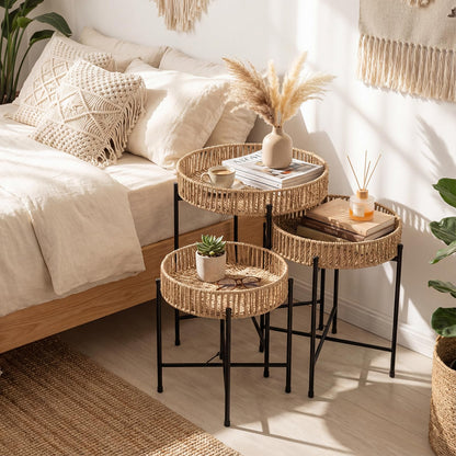 Set of 3 Round Nesting Side Tables Weaving End Tables with Metal Legs