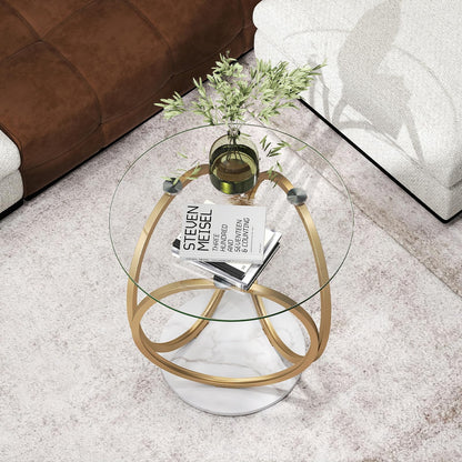 Round Glass Coffee Table with Geometric Metal Ring Frame for Living Room
