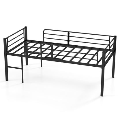 Single Size Low Loft Bed Metal Bed Frame with Safety Guardrails and 2 Ladders