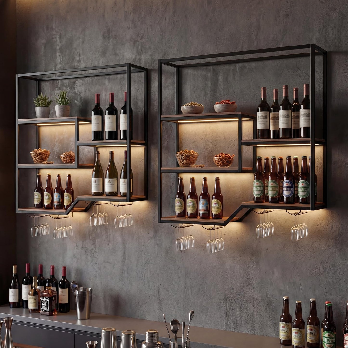 Wall Mounted Wine Rack, 5-Tier Hanging Bar Shelves with 4 Wine Glass Holders