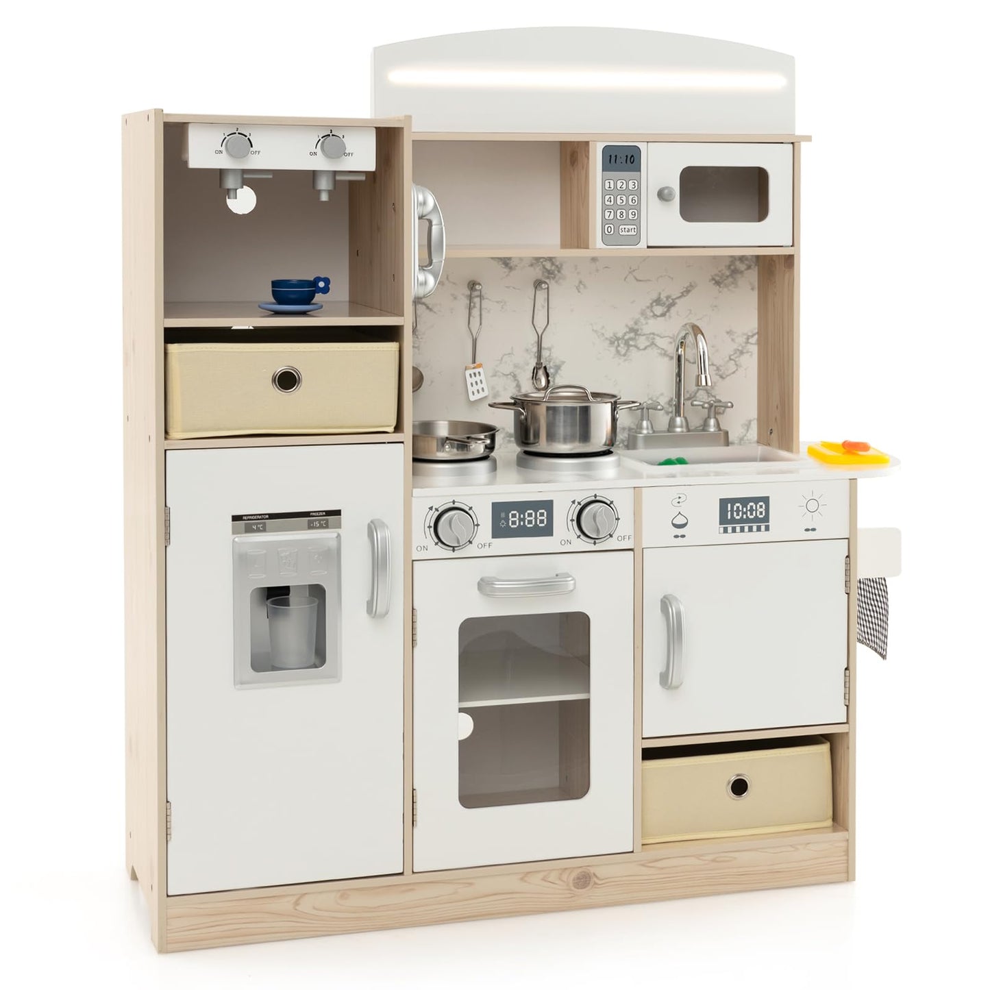 Kids Kitchen Playset with Adjustable LED Lights and Removable Shelves