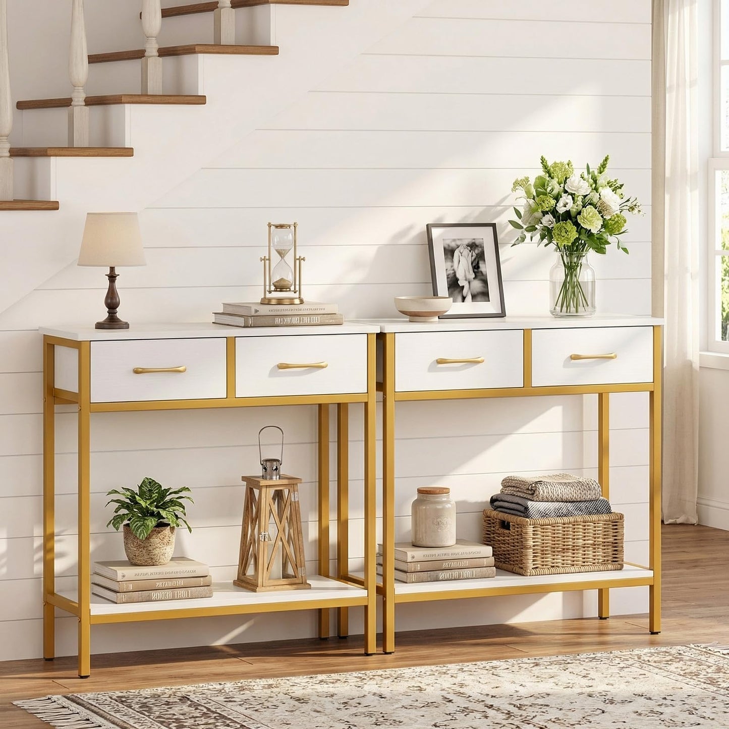 Narrow Console Table, 75cm Slim Entryway Table with 2 Storage Drawers and Open Shelf