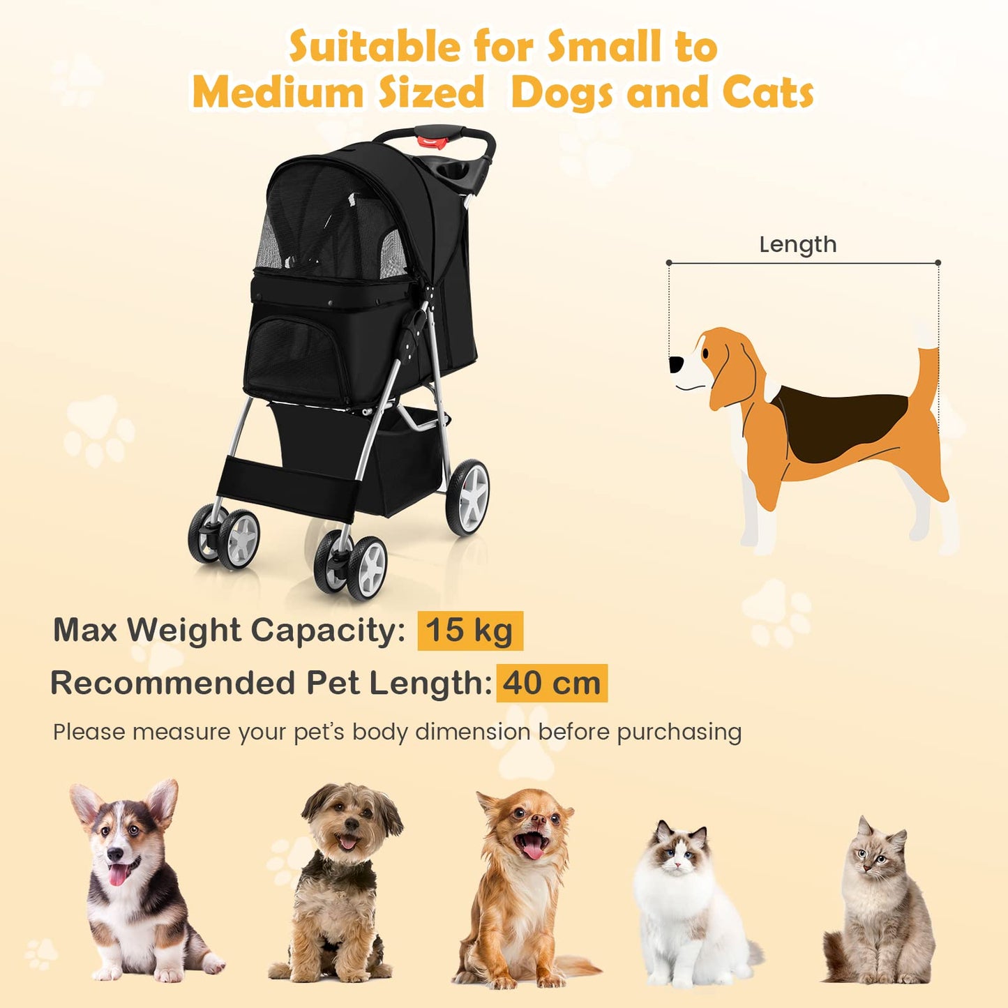 4-Wheel Folding Pet Stroller with Storage Basket and Adjustable Canopy