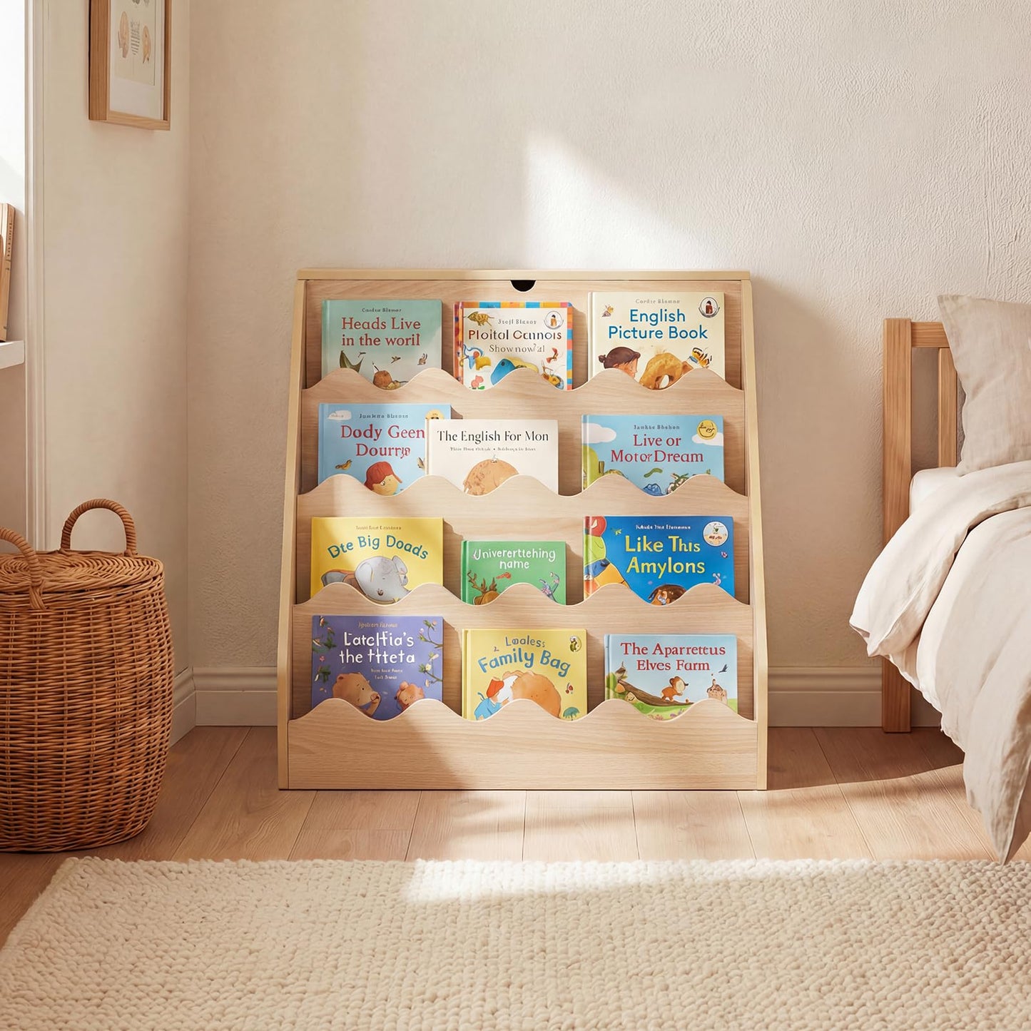 Kids Bookshelf, Wooden Toddler Book Toy Storage Organizer
