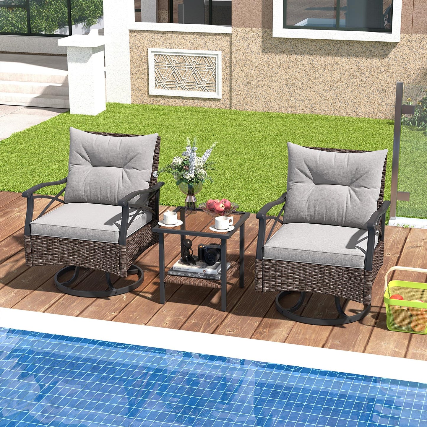 3 Piece Patio Swivel Rocker Set with 2-Tier Coffee Table