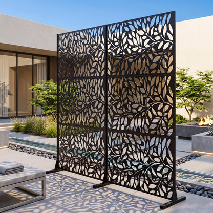 Decorative Garden Privacy Screen with Stand, 183x121cm Freestanding Metal Outdoor Divider