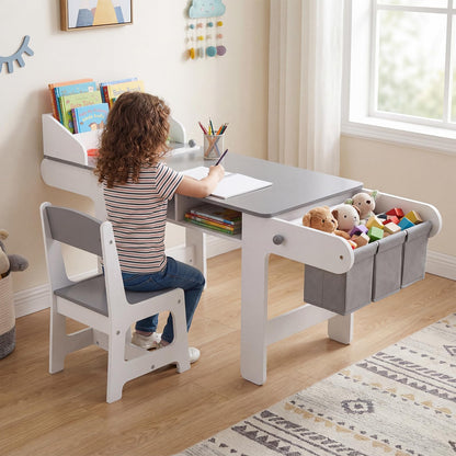 Kids Art Table and Chair Set with Paper Roll & Fabric Bins for Drawing Reading Studying Playing