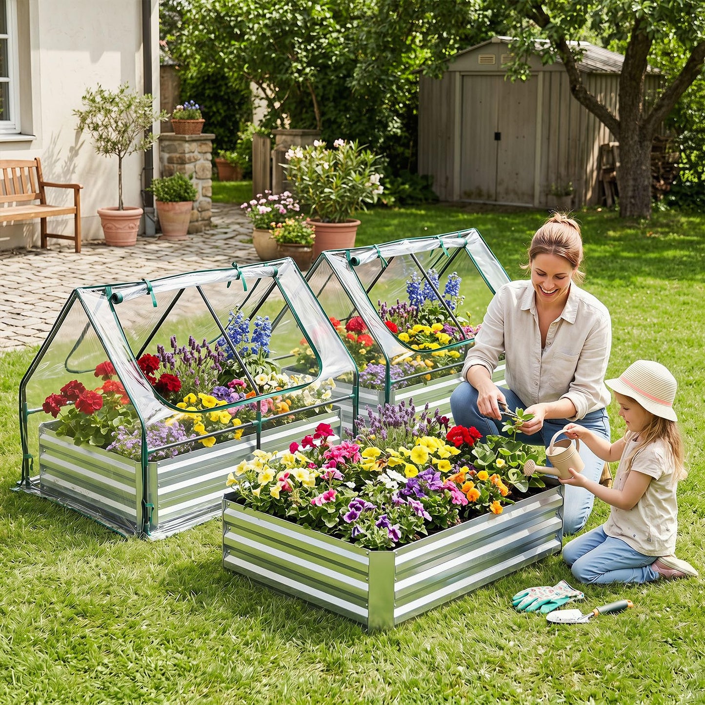 Raised Garden Bed with Greenhouse, Outdoor Elevated Planter Box with PVC/PE Cover
