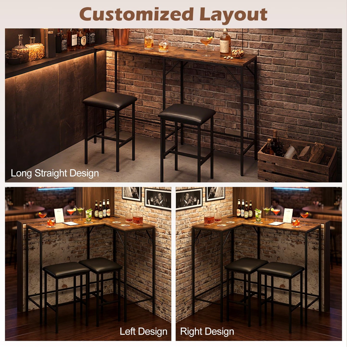 3-Piece Bar Table Set with Charging Station