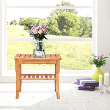 2-Tier Slatted Spa Bath Stool Shower Seat with Storage Shelf and Non-Slip Feet