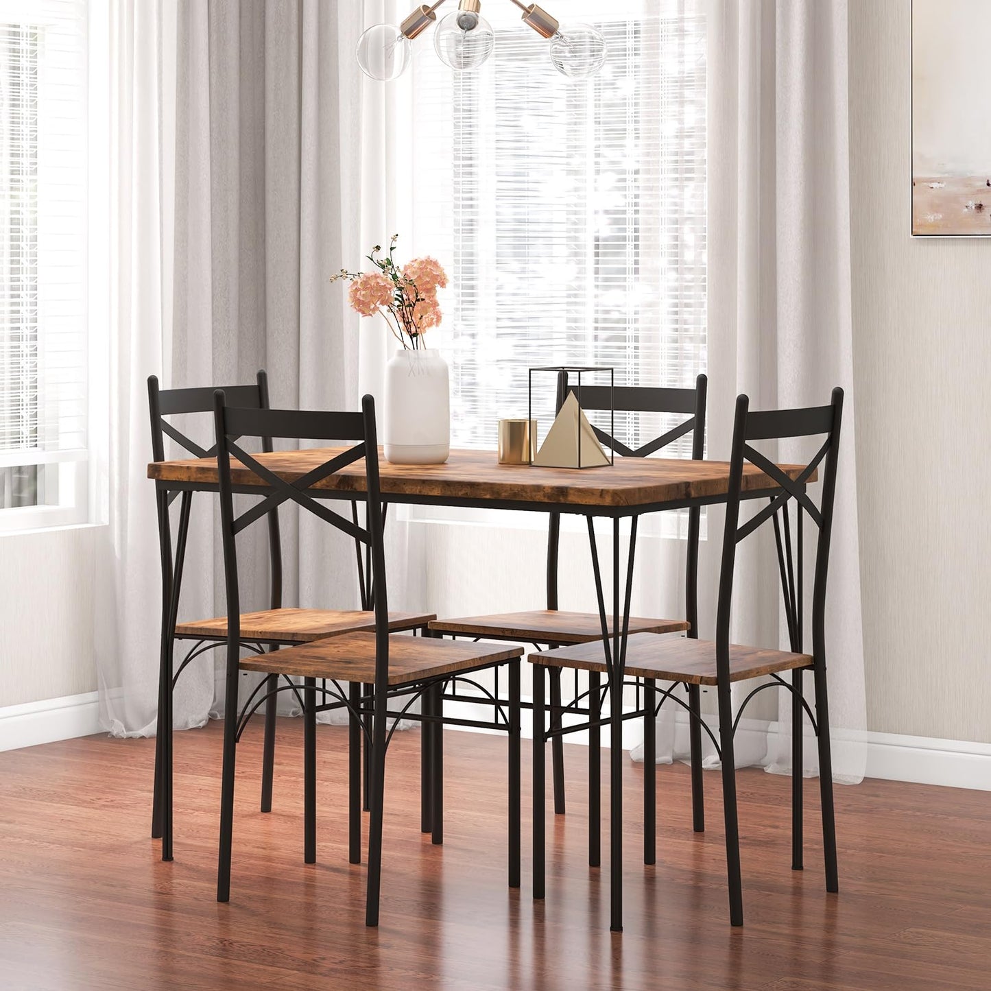 Dining Table and Chairs Set 4, Wood Effect Rectangular Kitchen Table and 4 Chairs with Wide Back