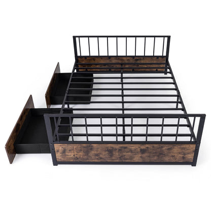 4FT6 Double Metal Bed Frame with 2 Storage Drawers, Headboard & Footboard