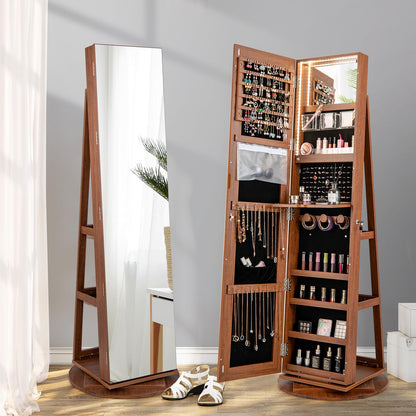 360 Degree Mirrored Jewelry Armoire with 3 Color Auto on LED Lights