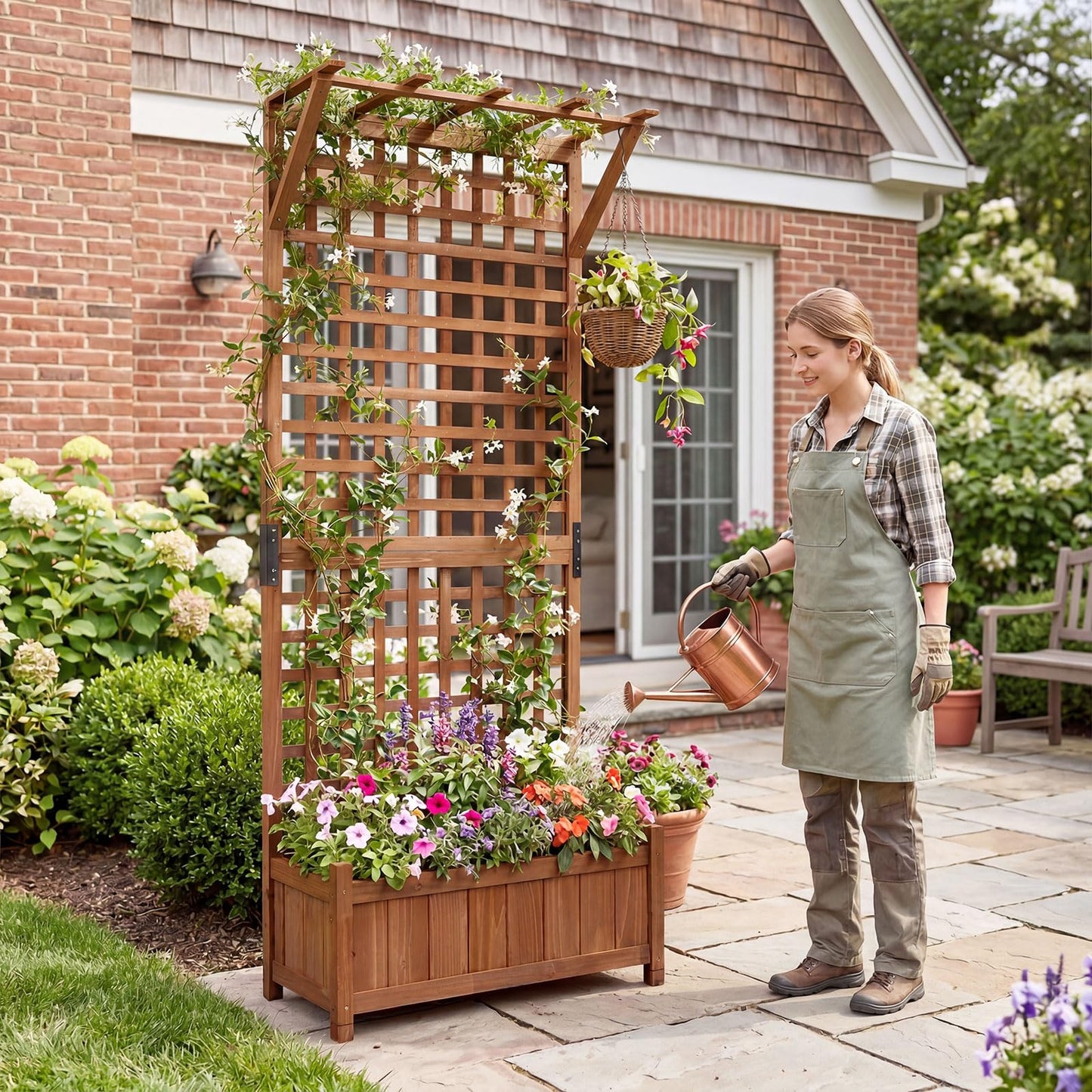 Raised Garden Bed with Trellis, Wooden Trough Planter, Outdoor Garden Weather-Resistant Plant Rack for Vines