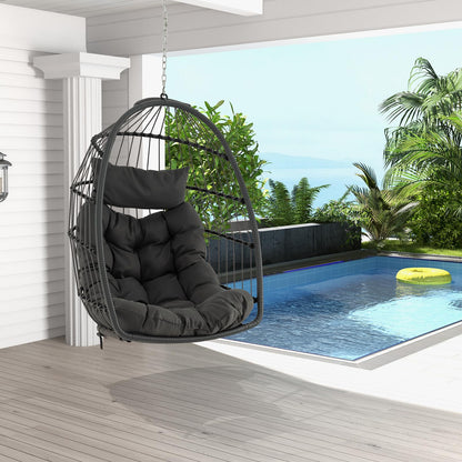 Foldable Rattan Hanging Chair with Soft Cushion and Head Pillow
