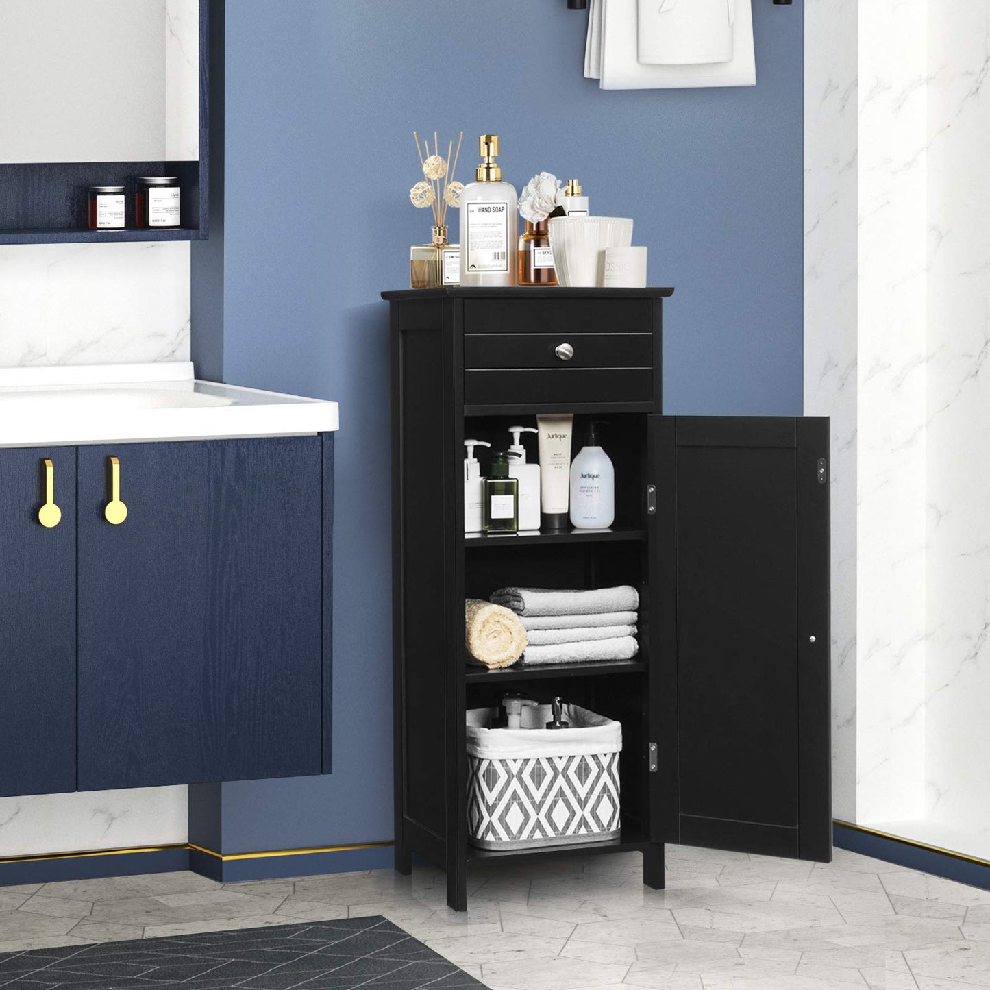 Floor Standing Wooden Cupboard with Single Door and Drawer