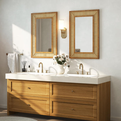 Rattan Decorative Wall Mirror, Large Wooden Frame Hanging Vanity Mirror