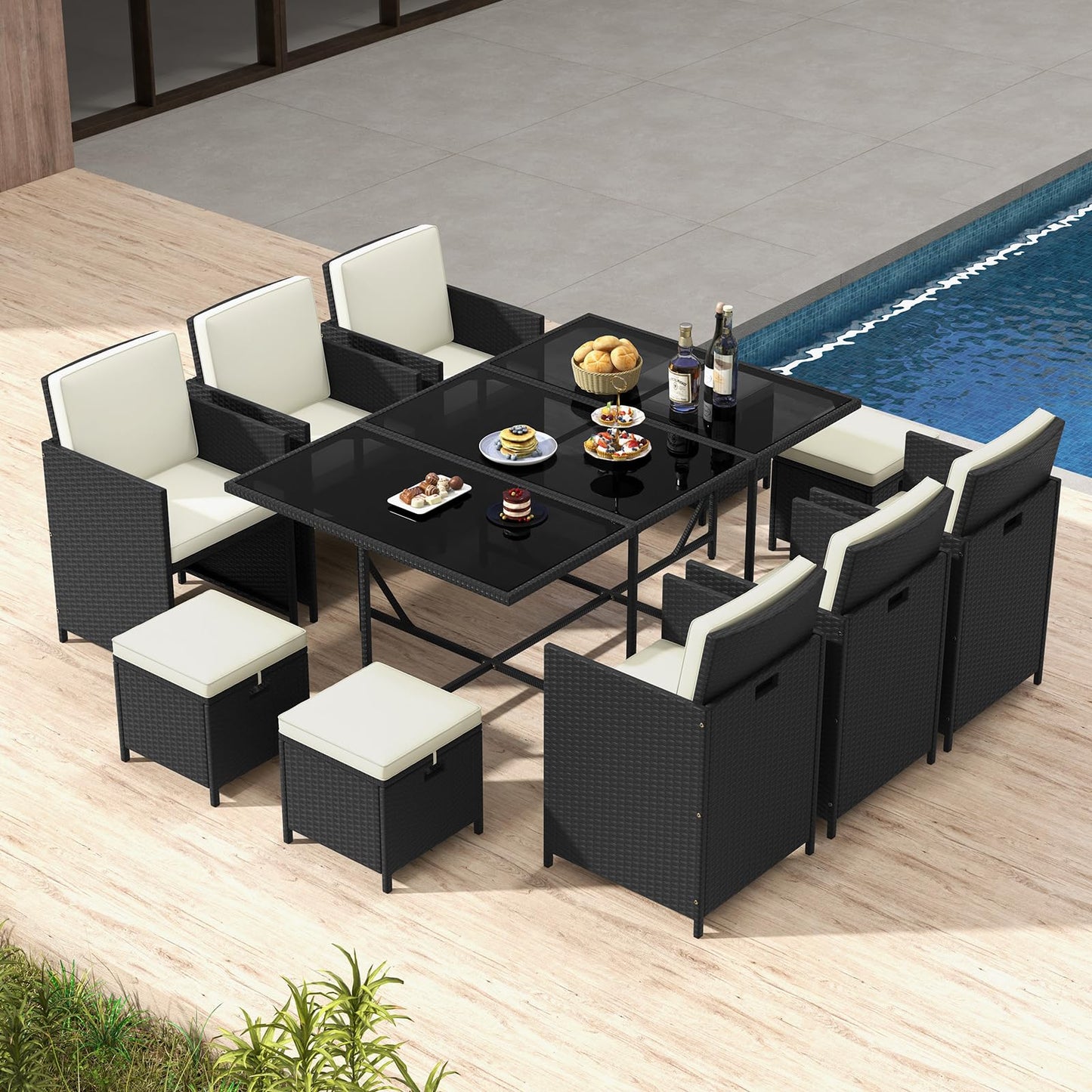 11 Pieces Patio Dining Set with Ottomans for Garden Yard Poolside